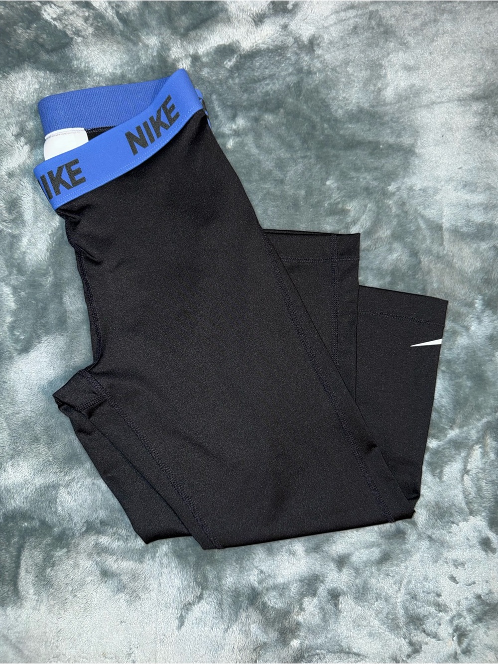 Nike Dri-Fit Cropped Black Leggings with Blue Branded Waistband